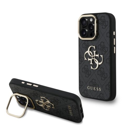 Guess PU 4G Fém Logós Állványos Kamera Keretes Tok iPhone 16 Pro Max Fekete, tok