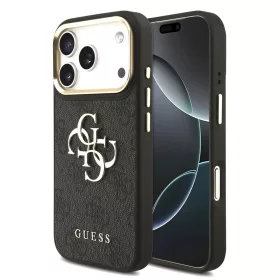    iPhone 17 Pro Fekete Guess PU Bőr 4G Fém Logó Arany Keretes Tok