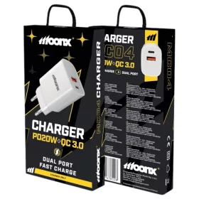 MOONX fali töltő MC04 PD 20W 1xUSB-C + 1xUSB QC3.0 Fehér