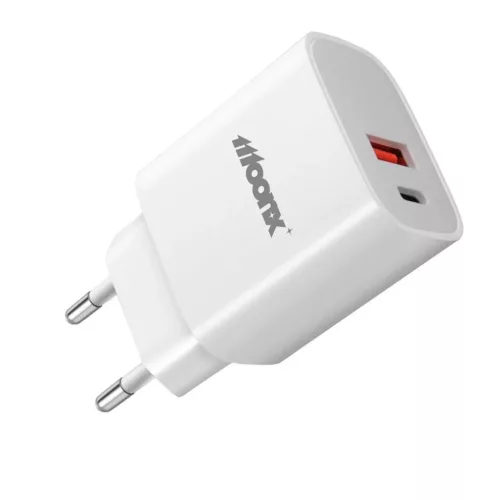 MOONX fali töltő MC04 PD 20W 1xUSB-C + 1xUSB QC3.0 Fehér-5906952638528 2 kép