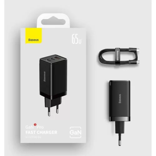 Baseus CCGP120201 GaN5 Pro Gyors Töltő USB-A + 2x USB-C 65W Fekete-6932172617523 5 kép