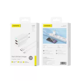FONENG fali töltő EU63 2.4A 12W 2xUSB + kábel Lightning Fehér-6970462513988 1 kép