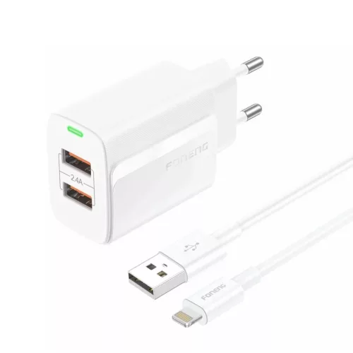 FONENG fali töltő EU63 2.4A 12W 2xUSB + kábel Lightning Fehér-6970462513988 2 kép