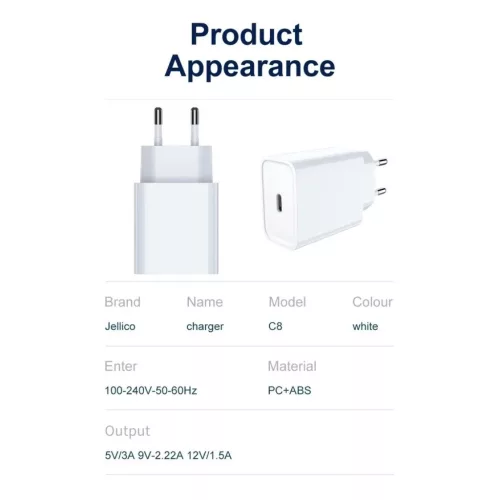 JELLICO fali töltő C8 PD 20W 1xUSB-C Fehér-6973771101280 3 kép