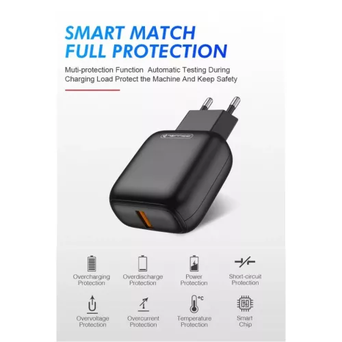 JELLICO hálózati töltő C32 18W 1xUSB QC3.0 + kábel Micro USB Feke-6973771103055 3 kép