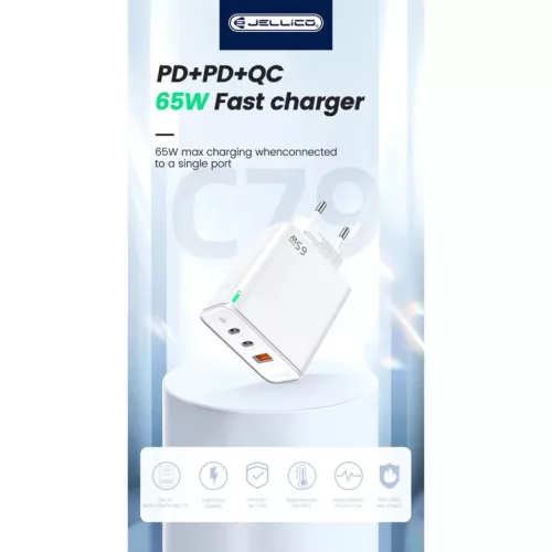 JELLICO fali töltő C79 GaN PD 65W 2xUSB-C + 1xUSB QC3.0 + kábel USB-6974929202330 8 kép