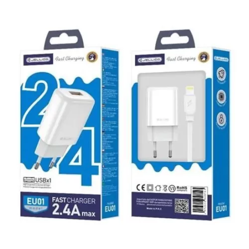 JELLICO fali töltő EU01 2.4A 12W 1xUSB + kábel Lightning Fehér-6974929202460 1 kép