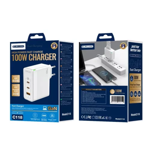 JELLICO fali töltő C118 GaN PD 100W 2xUSB-C + 1xUSB QC3.0 Fehér-6974929204112 2 kép