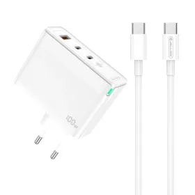   JELLICO fali töltő C118 GaN PD 100W 2xUSB-C + 1xUSB QC3.0 + kábel USB-C - USB-C Fehér