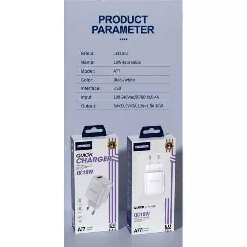 JELLICO fali töltő A77 22,5W 1xUSB QC3.0 + kábel Micro USB Fehér-6974929204556 5 kép