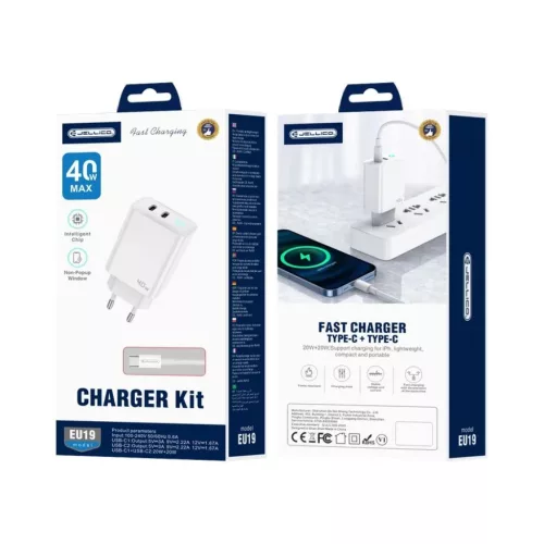 JELLICO fali töltő EU19 GaN PD 40W 2xUSB-C + kábel USB-C - USB-C Fe-6974929204761 2 kép