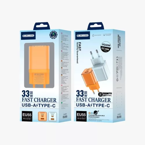 JELLICO fali töltő EU55 GaN PD 33W 1xUSB-C + 1xUSB QC3.0 Narancssár-6974929205829 1 kép