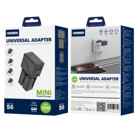 JELLICO univerzális utazó adapter S6 PD 25W 1xUSB-C + 1xUSB QC3.0 fe-6974929206758 1 kép