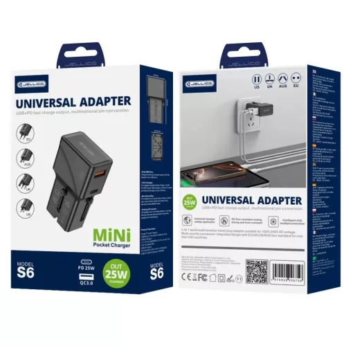 JELLICO univerzális utazó adapter S6 PD 25W 1xUSB-C + 1xUSB QC3.0 fe-6974929206758 1 kép
