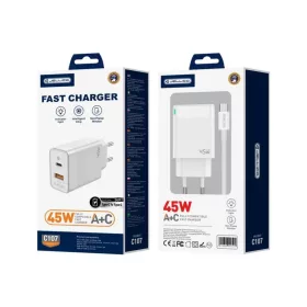   JELLICO fali töltő C107 GaN PD 45W 1xUSB-C + 1xUSB QC3.0 + kábel USB-C - USB-C Fehér