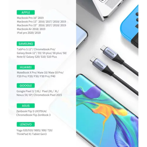 Ugreen US355 USB-C - USB-C 3.1 Gen.2, PD, 5A, 100W, 4K, 10Gbps, 1m (fe-6957303881505 5 kép
