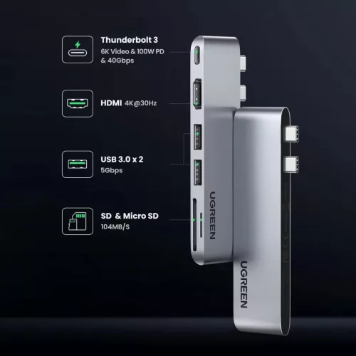 HUB Ugreen CM380 2xUSB C - HDMI/2xUSB 3.0/SD TF/USB C PD - szürke-6957303888566 6 kép