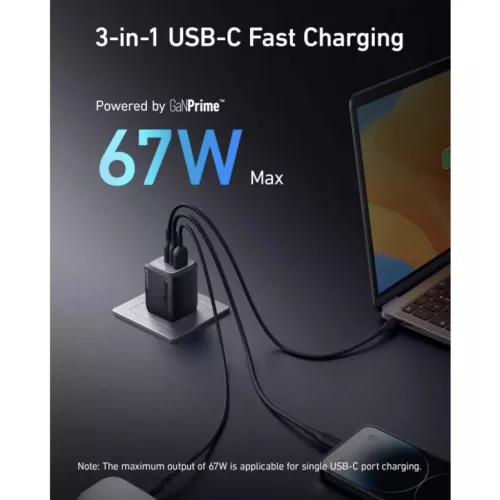 Anker Prime fali töltő, 67W, 5A, 1 x USB-A - 2 x USB-C, Fekete A2669-194644187576 3 kép