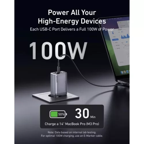 Anker Prime, 100W, 3A, 1 x USB-A - 2 x USB-C, Szürke A2688341-194644199746 3 kép