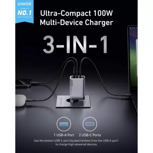 Anker Prime, 100W, 3A, 1 x USB-A - 2 x USB-C, Szürke A2688341-194644199746 4 kép