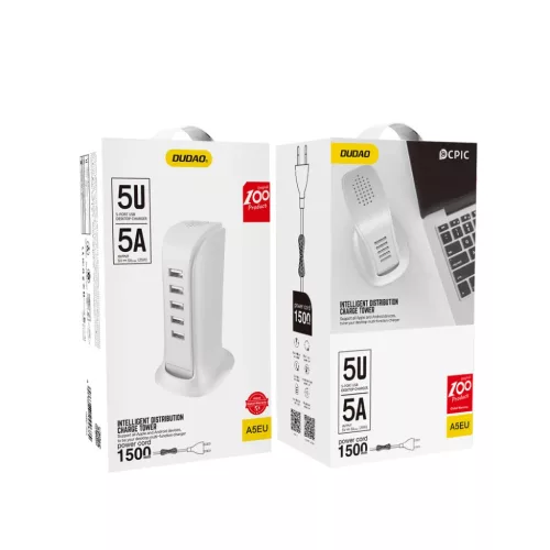 Dudao 5x USB töltő beépített EU tápkábellel fehér (A5EU)-6977196682638 5 kép