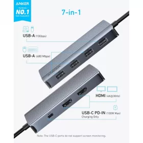 USB-C Hub Anker, 1 x USB-A 3.2 - 3 x USB-A - 1 x USB-C - 2 x HDMI, Sz�-194644227555 2 kép