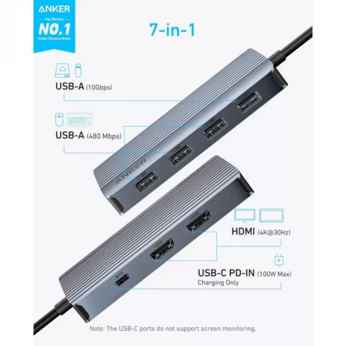 USB-C Hub Anker, 1 x USB-A 3.2 - 3 x USB-A - 1 x USB-C - 2 x HDMI, Sz�-194644227555 2 kép