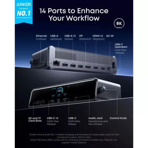 Anker Prime Hub, 3 x USB-A - 4 x USB-C - 1 x DisplayPort - 2 x HDMI - -194644291846 9 kép