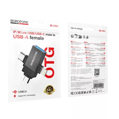 Borofone Adapter BV26D - USB to Lightning/Type C/Micro USB - fekete-6941991124006 9 kép