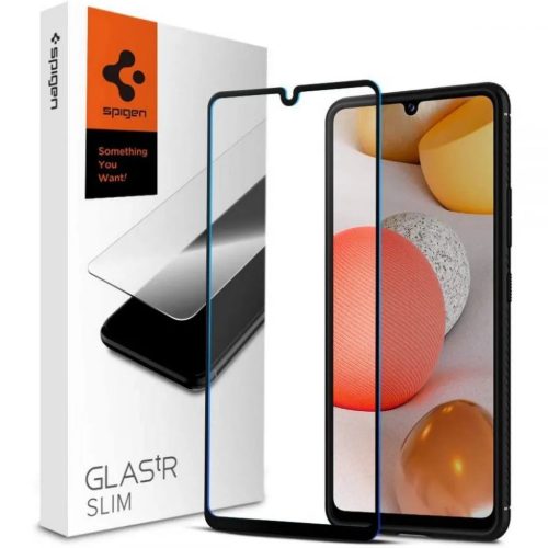 Samsung A42 5G kijelzővédő üvegfólia fekete kerettel Spigen Glass.Fc (AGL02305)