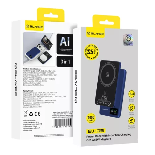 Blavec Power Bank 5000mAh BJ-03 Ultra Slim 7,8mm - Type C - 22,5W mág-5900217502500 5 kép