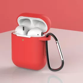 AirPods 1/2 szilikon tok karabinerrel piros- 2 kép