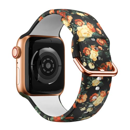 Apple Watch 38/40/41mm szilikon óraszíj virág mintás fekete-sárga- 1 kép