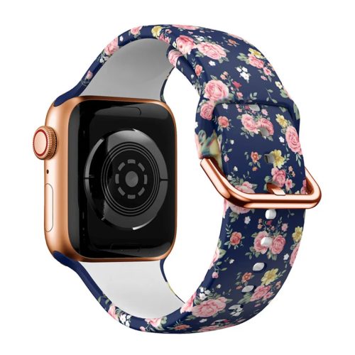 Apple Watch 38/40/41mm szilikon óraszíj virág mintás kék-rózsasz- 1 kép