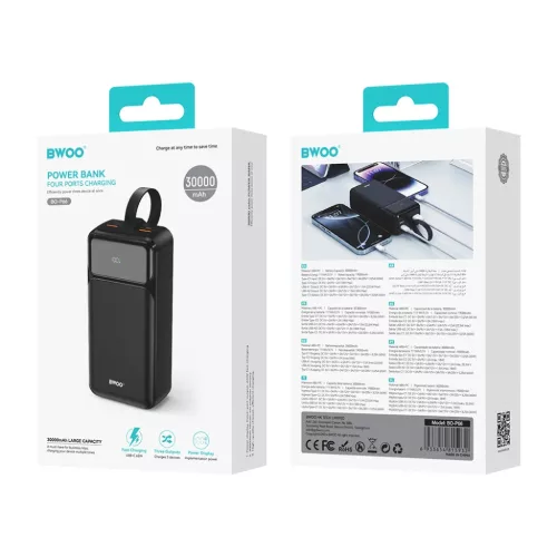 BWOO 65W powerbank 30000 mAh 2x USB-A, 1x USB-C LCD kijelzővel, feket-6933654815932 4 kép