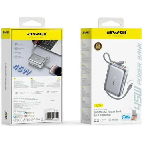 Powerbank Awei C03 20000mAh USB-A/USB-C + Lightning/USB-C kábelek ez�-6954284026529 2 kép