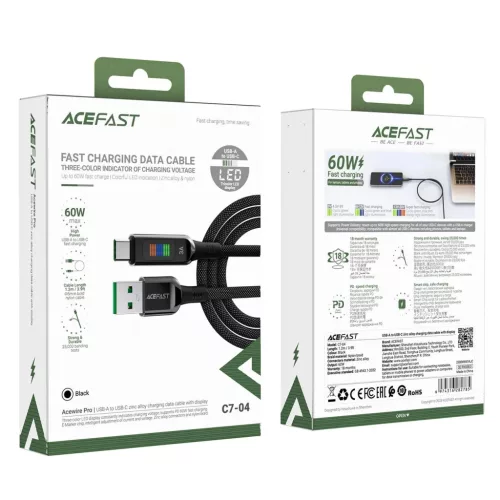 Acefast C7-04 USB-A USB-C 60W 1.2m kábel kijelzővel - fekete-6974316282785 7 kép