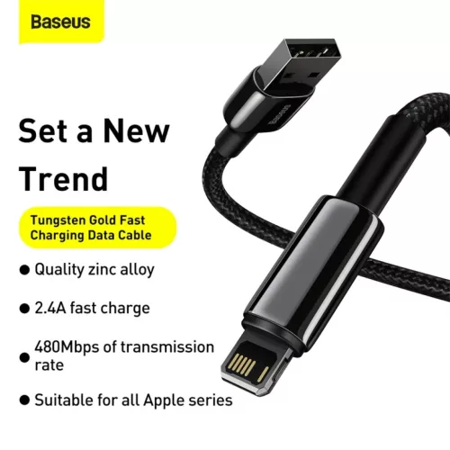 Baseus Tungsten USB - Lightning kábel 2.4A 1m fekete (CALWJ-01)-6953156204959 3 kép