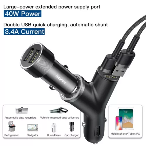 Baseus Y Type autós telefontöltő 2 USB aljzattal 3.4A fekete-6953156280250 4 kép