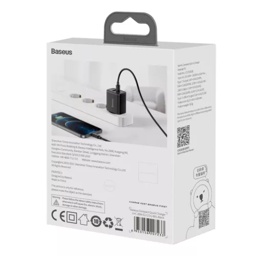 Baseus Compact hálózati töltő adapter USB Type-C / USB-A 20W 3A PD-6953156207233 6 kép
