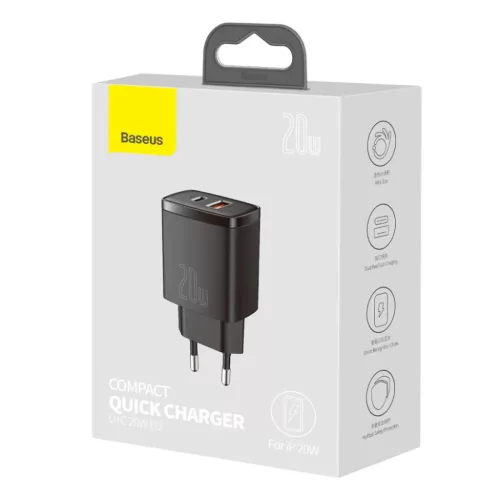 Baseus Compact hálózati töltő adapter USB Type-C / USB-A 20W 3A PD-6953156207233 7 kép