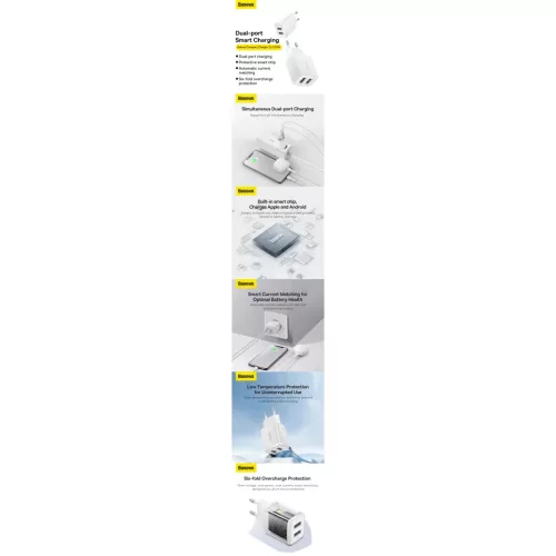 Baseus Compact hálózati töltő 2XUSB - 10.5W (CCXJ010202) fehér-6932172606916 8 kép