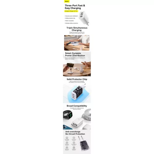 Baseus Compact hálózati töltő 3XUSB - 17W (CCXJ020102) fehér-6932172606978 8 kép