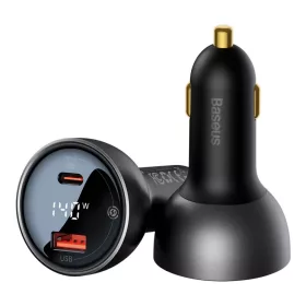   Baseus Digitális Kijelzős Gyors Autós Töltő USB-A / USB-C PD3.1 140W fekete + USB-C kábel Baseus Superior Series 5A 240W 1m fekete