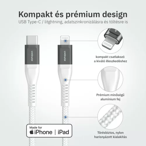 Lightning iPhone kábel 1.5m Type-C fejjel MFi Alphajack (CL15-WG) feh-5999860199755 3 kép