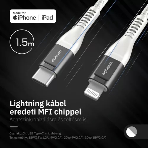 Lightning iPhone kábel 1.5m Type-C fejjel MFi Alphajack (CL15-WG) feh-5999860199755 4 kép