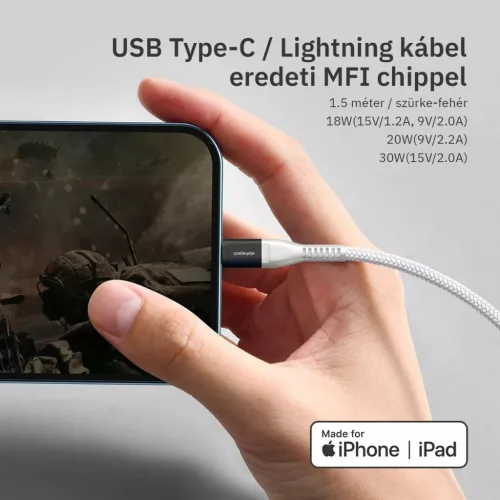 Lightning iPhone kábel 1.5m Type-C fejjel MFi Alphajack (CL15-WG) feh-5999860199755 5 kép