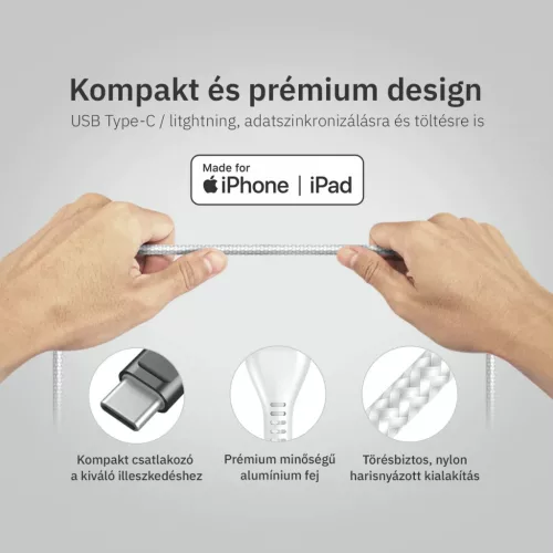 Lightning iPhone kábel 1.5m Type-C fejjel MFi Alphajack (CL15-WG) feh-5999860199755 6 kép
