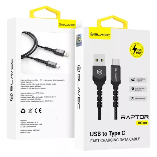 Blavec Raptor USB-A - USB-C kábel PD 66W 6A 1m, fekete-szürke (CRA-U-5900217419556 5 kép