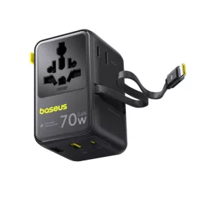   Baseus EU, UK, US, AU utazó EnerCore CG11 hálózati USB-C töltő adapter, 70W, 10A, 1 x USB-C - 2 x Schuko - 2 x USB-A, USB-C kábellel, fekete